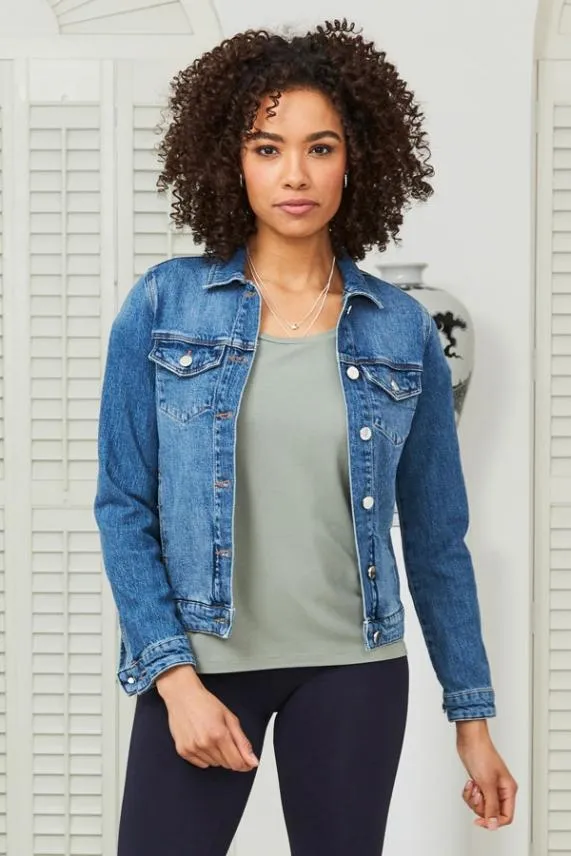 Sosandar Mid Blue Relaxed Fit Denim Jacket Mid Blue Women Jackets and Coats
