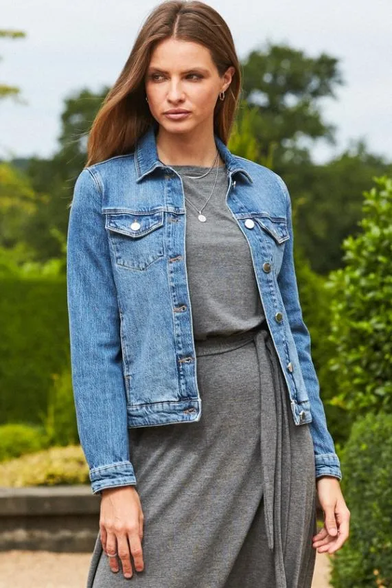 Sosandar Mid Blue Relaxed Fit Denim Jacket Mid Blue Women Jackets and Coats