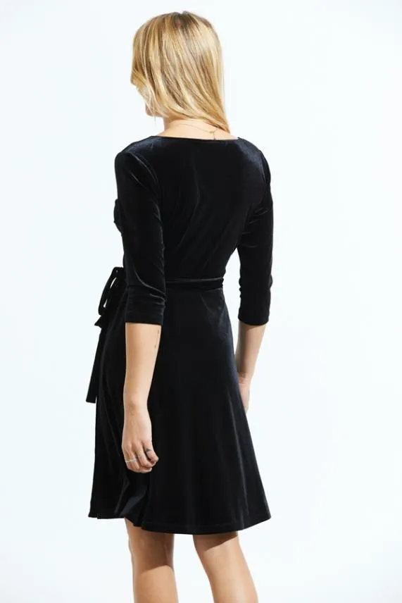Sosandar Midnight Black Luxe Velvet Relaxed Fit Wrap Dress Black Women Dresses