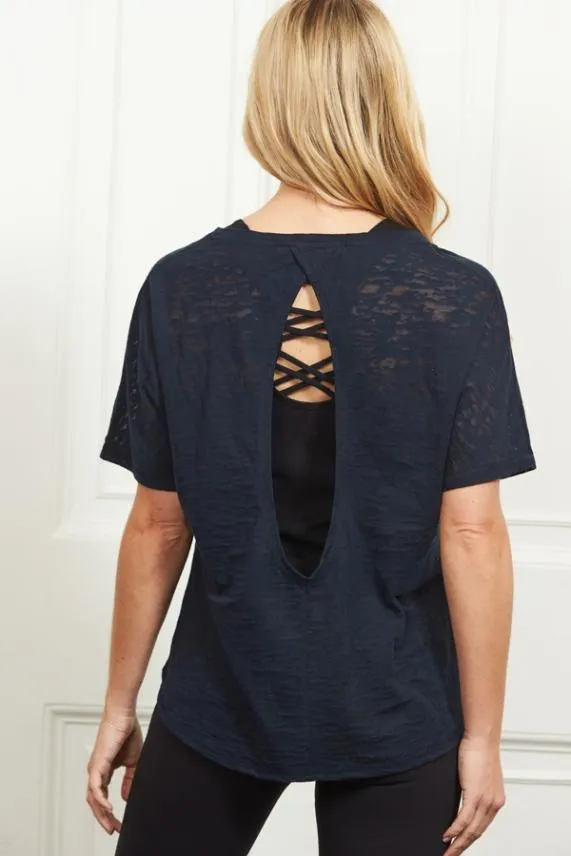 Sosandar Midnight Blue Open Back Namaste T Shirt Blue Women Loungewear
