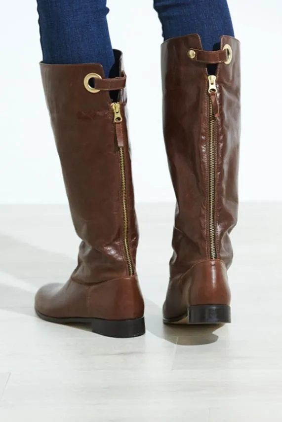 Sosandar Mimi Brown Loop Back Flat Leather Boot Brown Women Boots