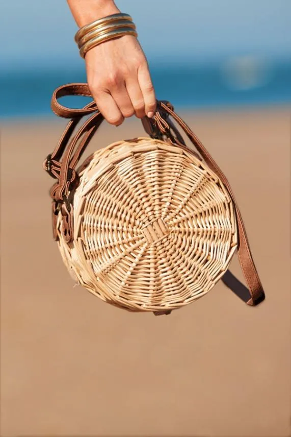 Sosandar Natural and Tan Faux Leather Round Wicker Bag Women Bags and Belts