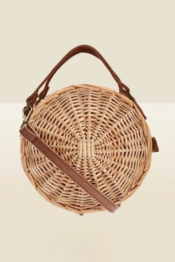 Sosandar Natural and Tan Faux Leather Round Wicker Bag Women Bags and Belts