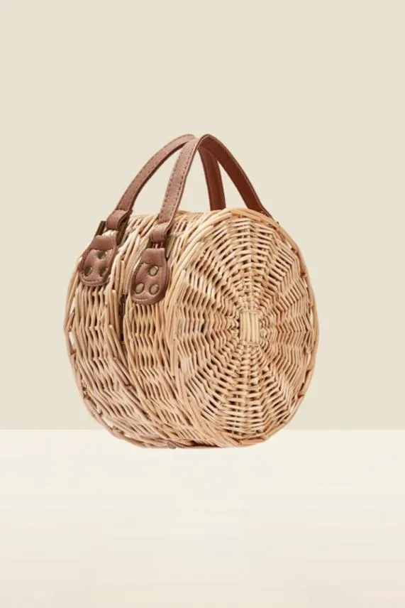 Sosandar Natural and Tan Faux Leather Round Wicker Bag Women Bags and Belts