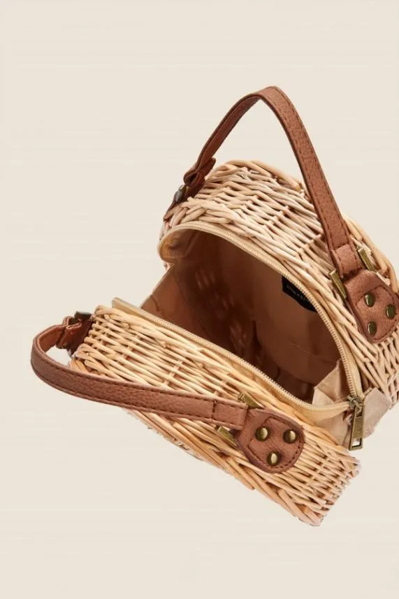 Sosandar Natural and Tan Faux Leather Round Wicker Bag Women Bags and Belts