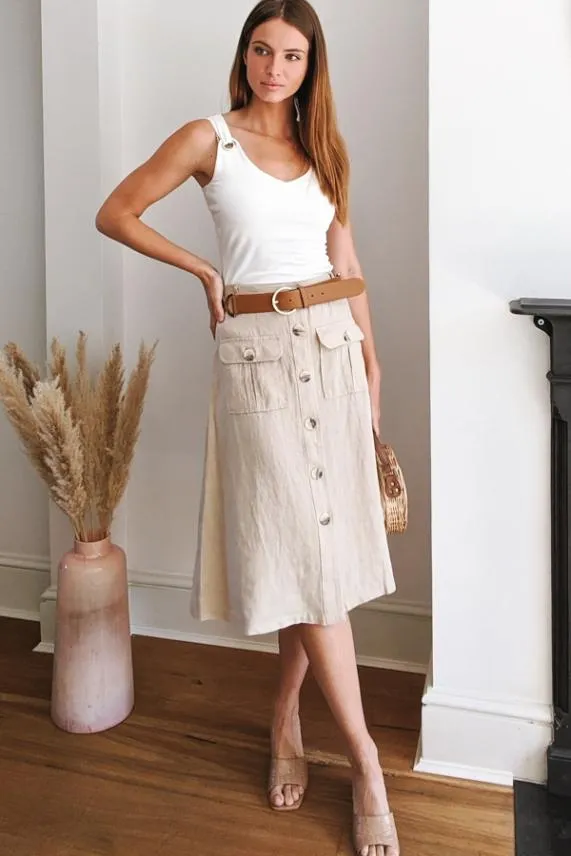 Sosandar Natural Button Front Linen Midi Skirt Women Skirts