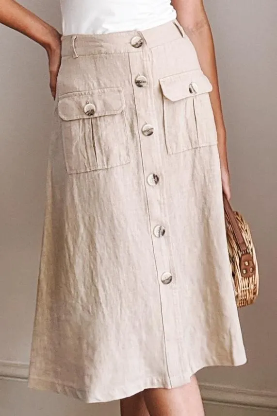 Sosandar Natural Button Front Linen Midi Skirt Women Skirts