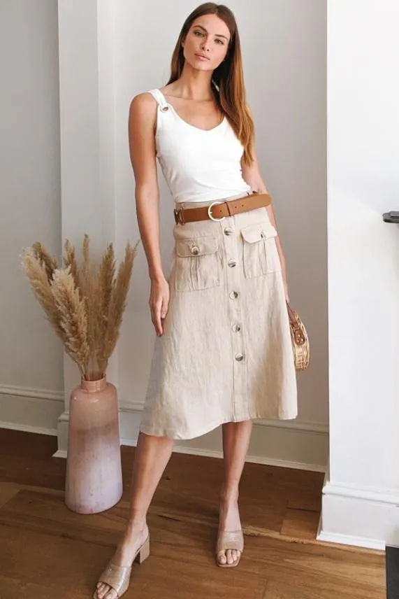 Sosandar Natural Button Front Linen Midi Skirt Women Skirts