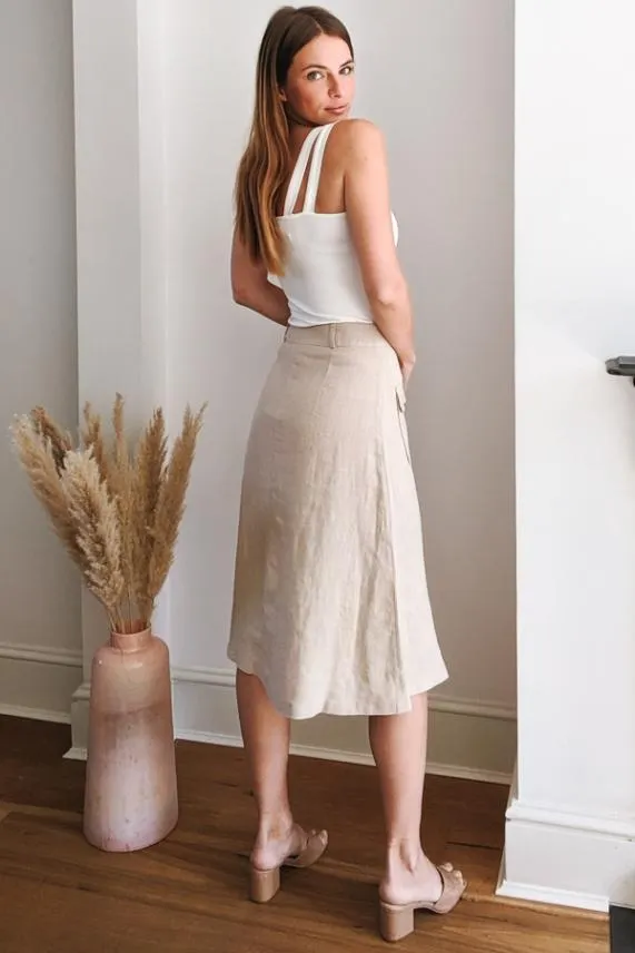 Sosandar Natural Button Front Linen Midi Skirt Women Skirts