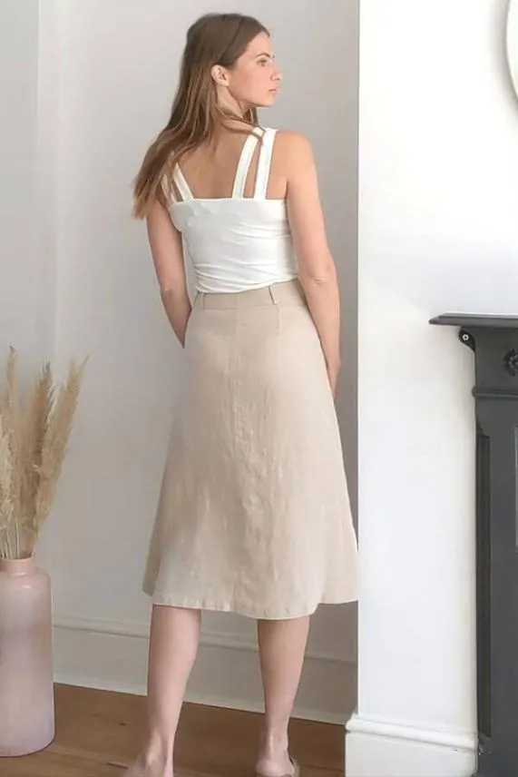 Sosandar Natural Button Front Linen Midi Skirt Women Skirts