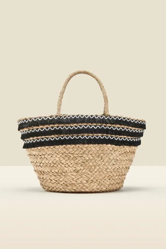 Sosandar Natural Straw Bag With Black Fringe Trim Detail Black Women Bags and Belts