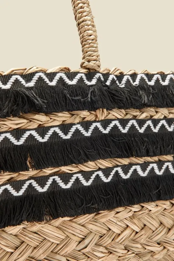 Sosandar Natural Straw Bag With Black Fringe Trim Detail Black Women Bags and Belts