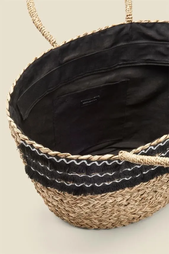 Sosandar Natural Straw Bag With Black Fringe Trim Detail Black Women Bags and Belts