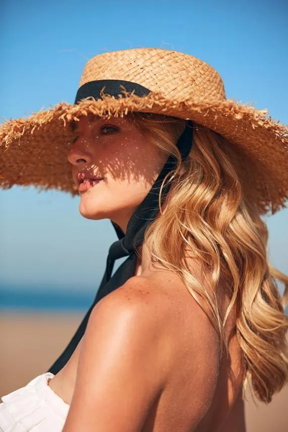 Sosandar Natural Straw Boater Hat With Black Tie Black Women Hats Scarves and Gloves