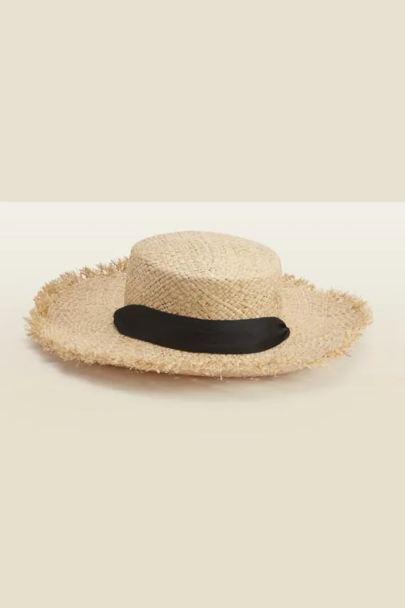 Sosandar Natural Straw Boater Hat With Black Tie Black Women Hats Scarves and Gloves