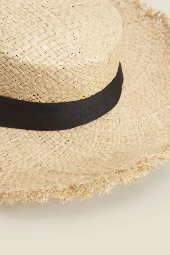 Sosandar Natural Straw Boater Hat With Black Tie Black Women Hats Scarves and Gloves