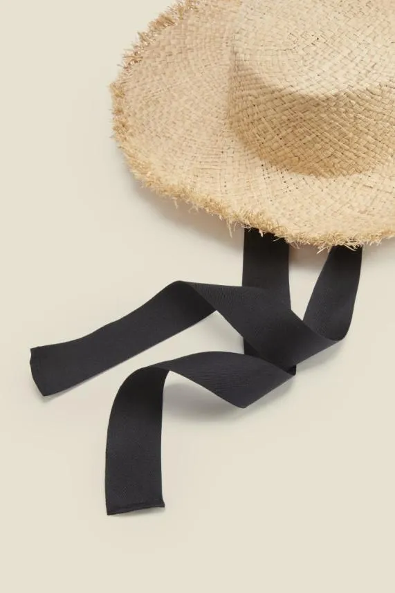 Sosandar Natural Straw Boater Hat With Black Tie Black Women Hats Scarves and Gloves