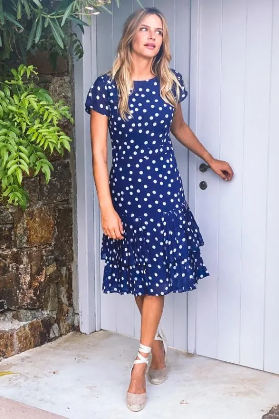 Sosandar Navy and White Polka Dot Fit and Flare Dress Navy White Women Dresses
