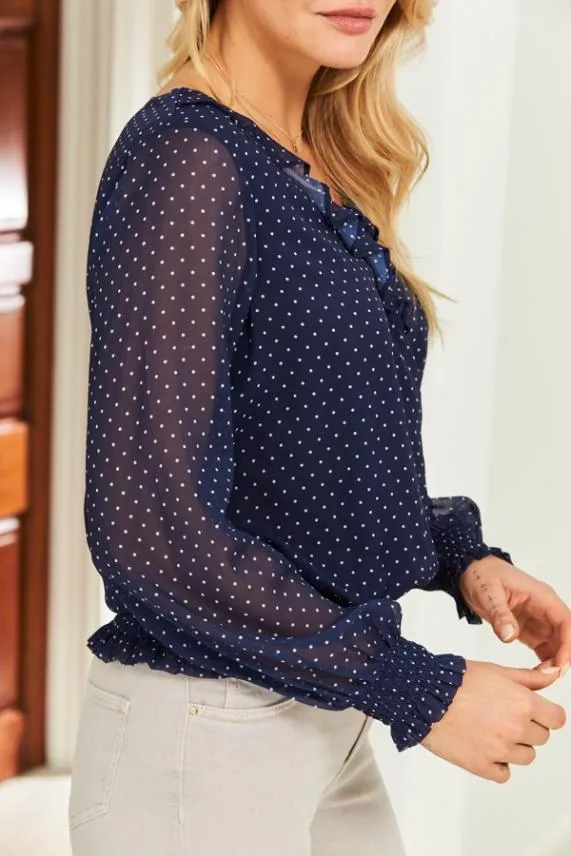 Sosandar Navy and White Spot Print Frill Detail Shirred Hem Blouse Navy White Women Tops