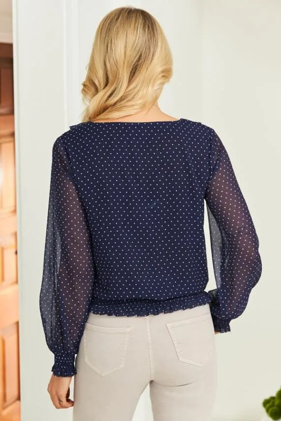 Sosandar Navy and White Spot Print Frill Detail Shirred Hem Blouse Navy White Women Tops