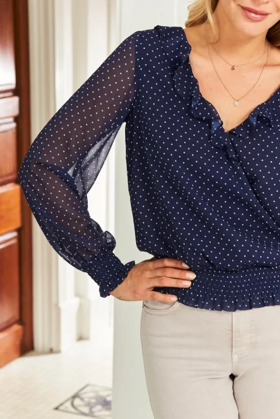 Sosandar Navy and White Spot Print Frill Detail Shirred Hem Blouse Navy White Women Tops