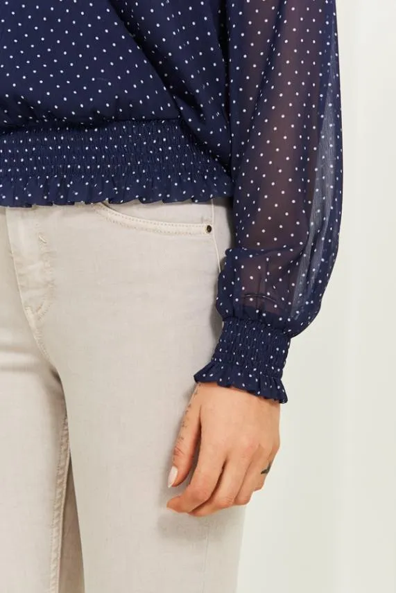 Sosandar Navy and White Spot Print Frill Detail Shirred Hem Blouse Navy White Women Tops
