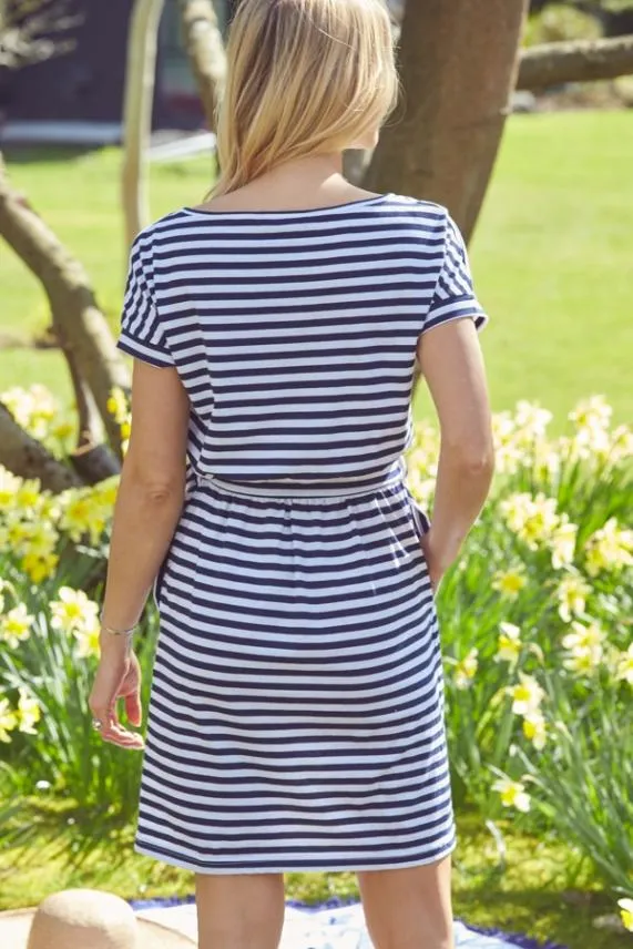 Sosandar Navy and White Stripe Belted T Shirt Dress With Pockets Navy White Women Dresses