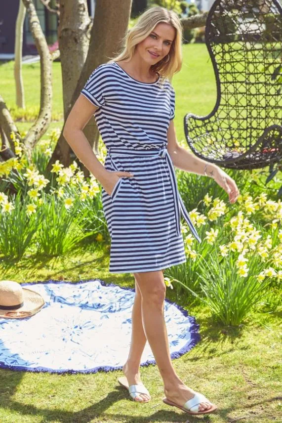 Sosandar Navy and White Stripe Belted T Shirt Dress With Pockets Navy White Women Dresses