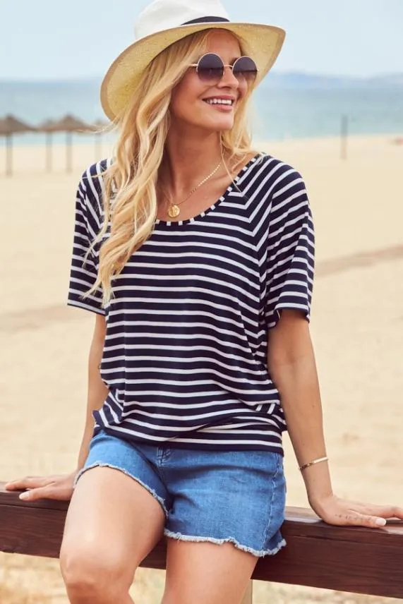 Sosandar Navy and White Striped Relaxed Fit Scoop Neck T Shirt Navy White Women Tops
