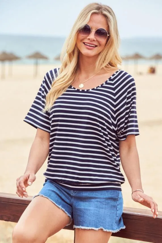 Sosandar Navy and White Striped Relaxed Fit Scoop Neck T Shirt Navy White Women Tops