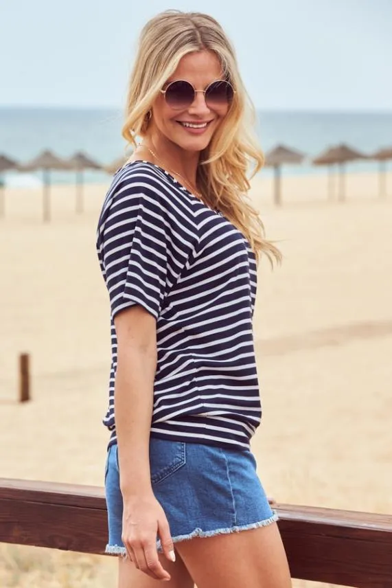 Sosandar Navy and White Striped Relaxed Fit Scoop Neck T Shirt Navy White Women Tops