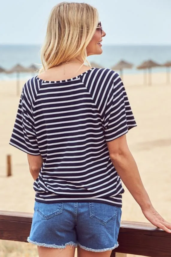 Sosandar Navy and White Striped Relaxed Fit Scoop Neck T Shirt Navy White Women Tops