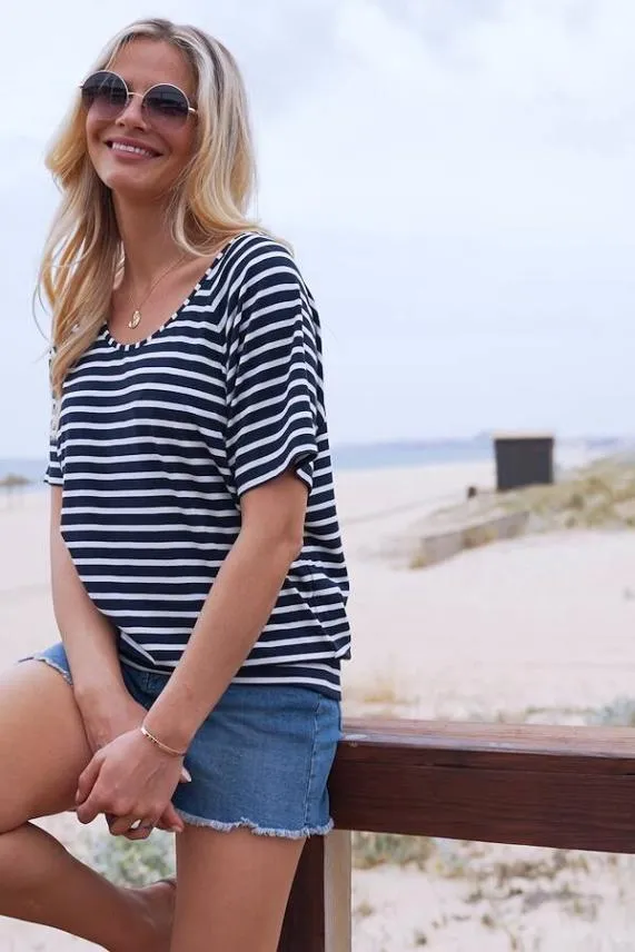 Sosandar Navy and White Striped Relaxed Fit Scoop Neck T Shirt Navy White Women Tops