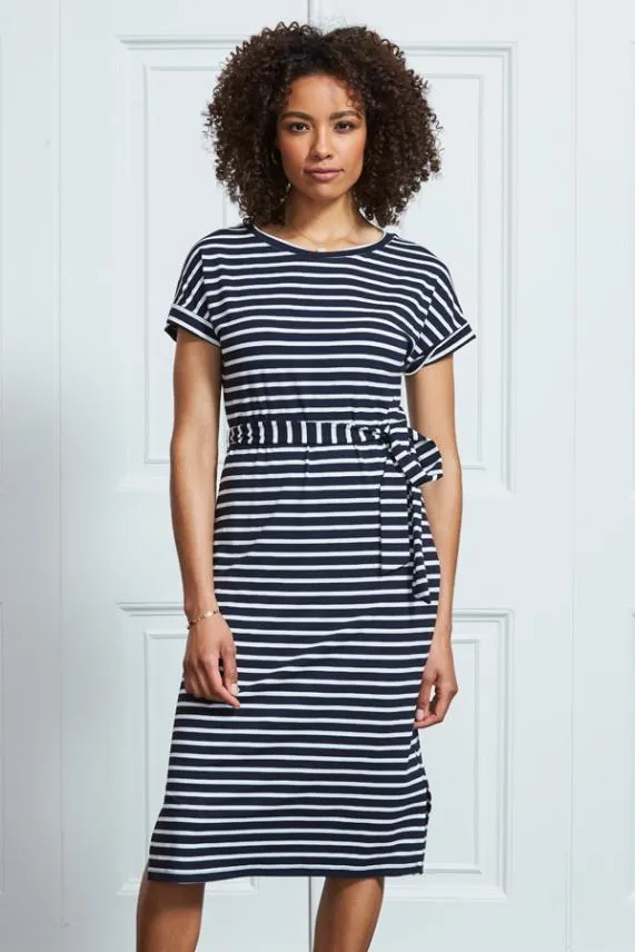 Sosandar Navy and White Tie Waist Short Sleeve Midi Dress Navy White Women Dresses Sosandar Navy and White Tie Waist Short Sleeve Midi Dress Navy White Women Dresses