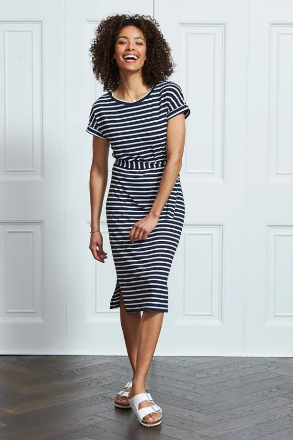 Sosandar Navy and White Tie Waist Short Sleeve Midi Dress Navy White Women Dresses