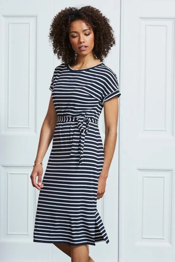 Sosandar Navy and White Tie Waist Short Sleeve Midi Dress Navy White Women Dresses
