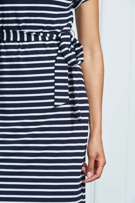 Sosandar Navy and White Tie Waist Short Sleeve Midi Dress Navy White Women Dresses
