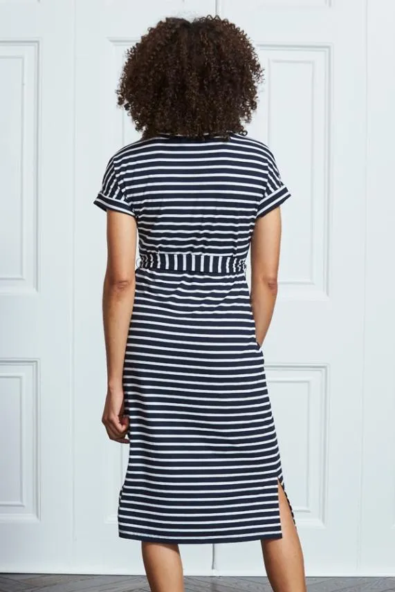 Sosandar Navy and White Tie Waist Short Sleeve Midi Dress Navy White Women Dresses