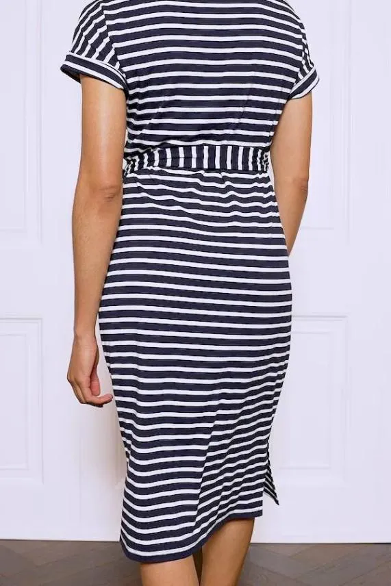 Sosandar Navy and White Tie Waist Short Sleeve Midi Dress Navy White Women Dresses