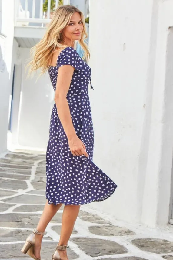 Sosandar Navy Blue and White Spot Print Sweetheart Neckline Dress Blue White Women Dresses