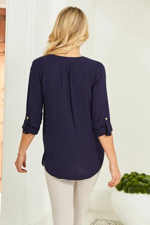 Sosandar Navy Blue Gold Zip Detail Longline Tunic Top Navy Blue Women Tops