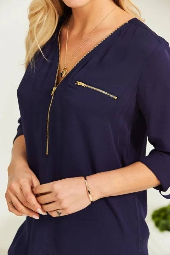 Sosandar Navy Blue Gold Zip Detail Longline Tunic Top Navy Blue Women Tops