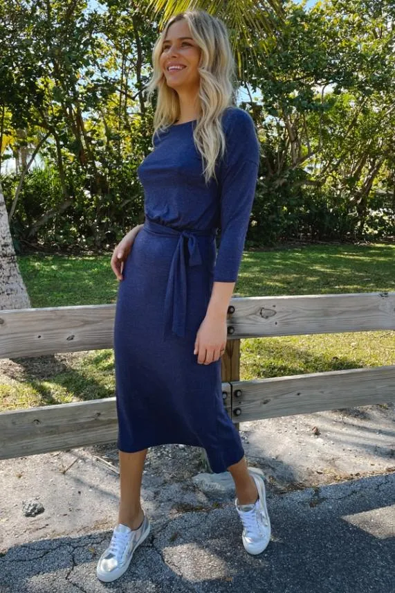 Sosandar Navy Blue Marl Jersey Belted Midi Dress Navy Blue Women Dresses