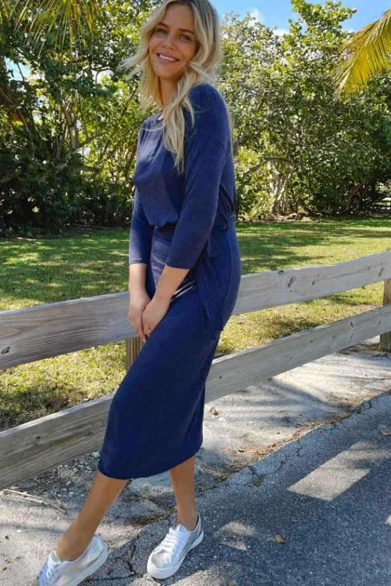 Sosandar Navy Blue Marl Jersey Belted Midi Dress Navy Blue Women Dresses