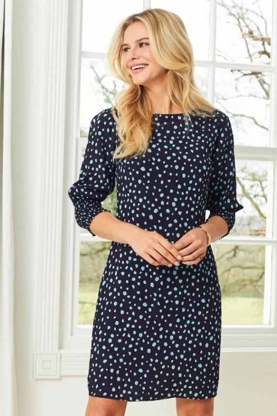 Sosandar Navy Blue Spot Print Ruched Sleeve Shift Dress Navy Blue Women Dresses Sosandar Navy Blue Spot Print Ruched Sleeve Shift Dress Navy Blue Women Dresses