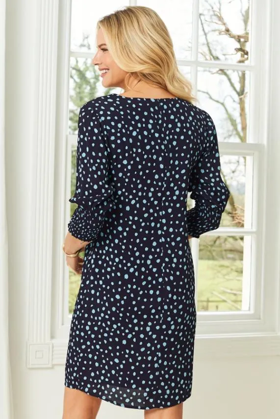 Sosandar Navy Blue Spot Print Ruched Sleeve Shift Dress Navy Blue Women Dresses