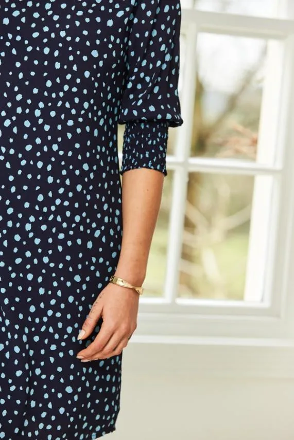 Sosandar Navy Blue Spot Print Ruched Sleeve Shift Dress Navy Blue Women Dresses