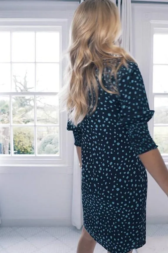 Sosandar Navy Blue Spot Print Ruched Sleeve Shift Dress Navy Blue Women Dresses