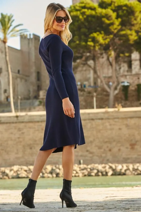 Sosandar Navy Blue Zip Front Knitted Fit and Flare Dress Navy Blue Women Knitwear
