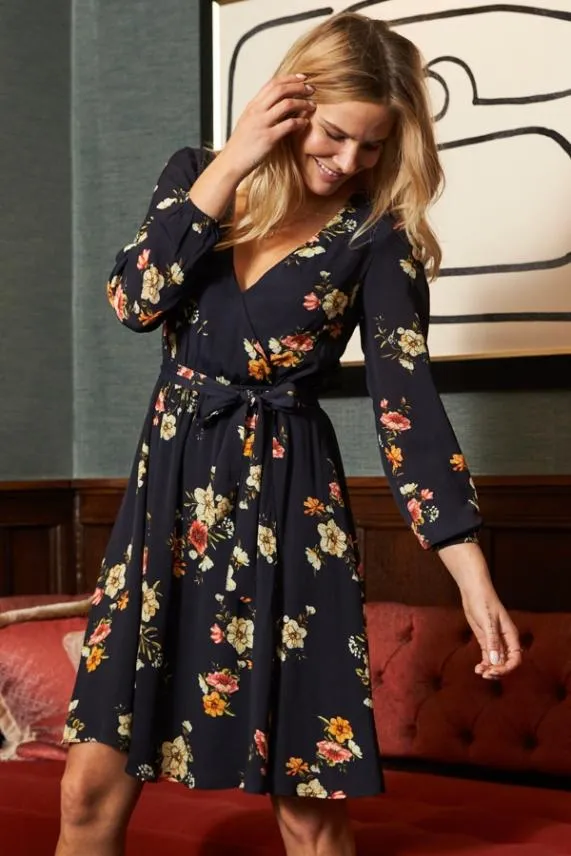 Sosandar Navy Floral Print Long Sleeve Wrap Dress Navy Women Dresses
